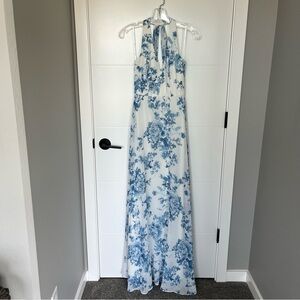 Dessy V-Neck Halter Chiffon Maxi Dress Floral Blue 00